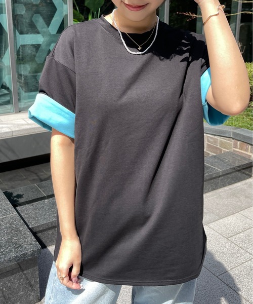 Meli rich（メリーリッチ）の「袖配色折り返しTシャツ（Tシャツ/カットソー・レディース・ブラック/チャコールグレー・FREE）」の18枚目の写真