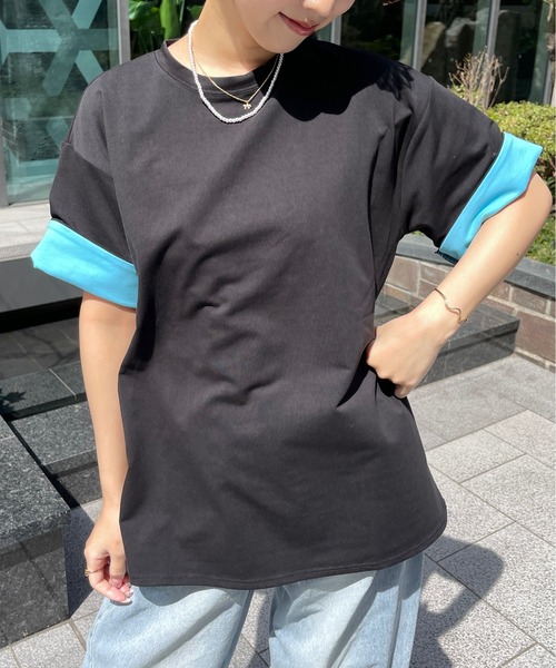 Meli rich（メリーリッチ）の「袖配色折り返しTシャツ（Tシャツ/カットソー・レディース・ブラック/チャコールグレー・FREE）」の19枚目の写真