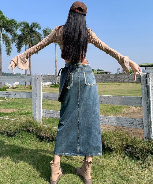 aimoha(アイモハ)の「前センタースリット入りレトロデニムスカート(デニムスカート・レディース・ネイビー・XX-LARGE/X-LARGE/LARGE/MEDIUM/SMALL/X-SMALL)」の9枚目の写真