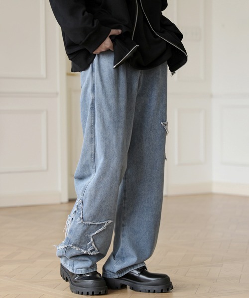 【セール】【FVLMEN】fringe star patch relax wide denim/フリンジ スター パッチ リラックス ワイド デニム（デニムパンツ）｜FVLMEN（フルメン）