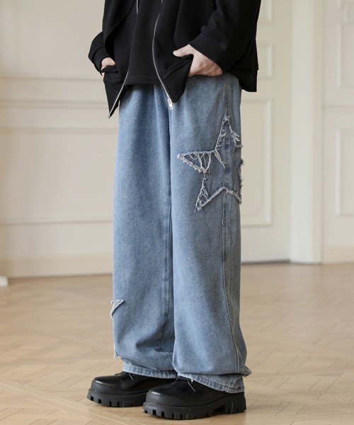 【セール】【FVLMEN】fringe star patch relax wide denim/フリンジ スター パッチ リラックス ワイド デニム（デニムパンツ）｜FVLMEN（フルメン）