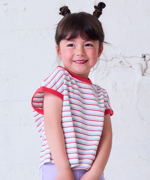 BIG FIELD（ビッグフィールド）の「ボーダーリンガーTシャツ（80～150cm）（Tシャツ/カットソー・キッズ・ラベンダー/グリーン/オフホワイト・80/90/95/100/110/120/130/140/150）」の2枚目の写真