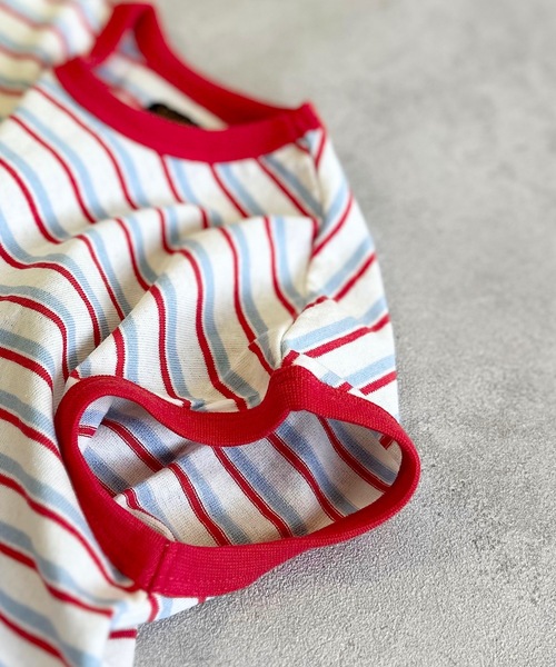 BIG FIELD（ビッグフィールド）の「ボーダーリンガーTシャツ（80～150cm）（Tシャツ/カットソー・キッズ・ラベンダー/グリーン/オフホワイト・80/90/95/100/110/120/130/140/150）」の4枚目の写真