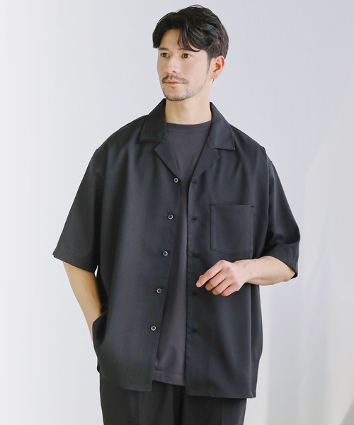 スティーブハーヴィー 半袖リネンシャツ 開襟シャツ サイドスリット ブラック セール】Buyer's Select/テックリネンオープンカラー半袖シャツ