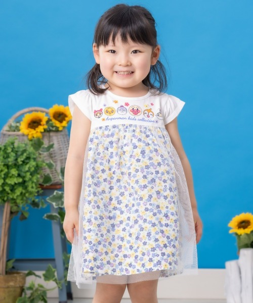 花柄 ブラック チュール 半袖 ワンピース ふんわりデザイン セール】花柄切替チュールワンピース（ワンピース）｜ANPANMAN