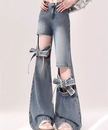 gossip！ロサンゼルス（ゴシップロサンゼルス）の「【サイズあり】膝リボンアクセントハイウエストカジュアルフレア デニム パンツ（デニムパンツ）」