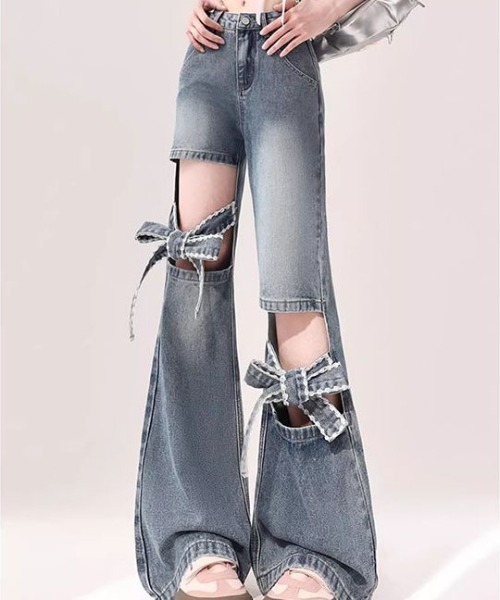 セール】リボン ハイウエスト フレア デニム パンツ 【脚長効果  