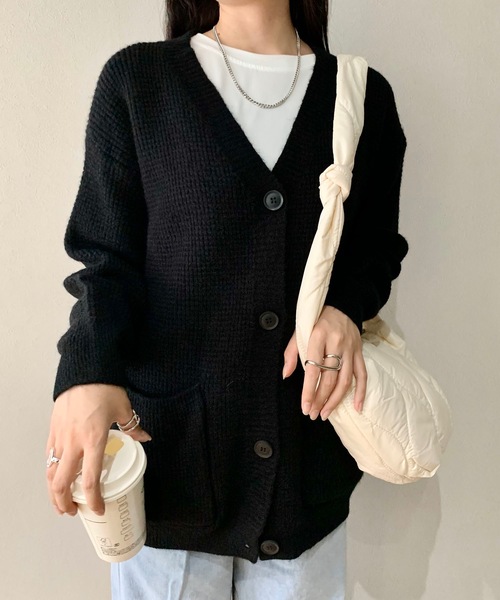SHEPP(シープ)の「オーバーサイズ ワッフルカーディガン(カーディガン/ボレロ・レディース・パープル/グリーン/ホワイト/ブラック/イエロー/ピンク・F)」の15枚目の写真