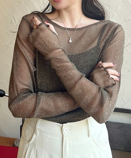 Rejoule（リジュール）の「フィンガーホールラメシアートップス（Tシャツ/カットソー・レディース・モカ/ブラック/グレー/ピンク/アイボリー/チャコールグレー/ブラウン/ボルドー・FREE）」の5枚目の写真