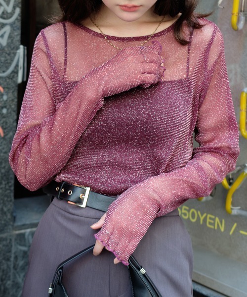 Rejoule（リジュール）の「フィンガーホールラメシアートップス（Tシャツ/カットソー・レディース・モカ/ブラック/グレー/ピンク/アイボリー/チャコールグレー/ブラウン/ボルドー・FREE）」の8枚目の写真