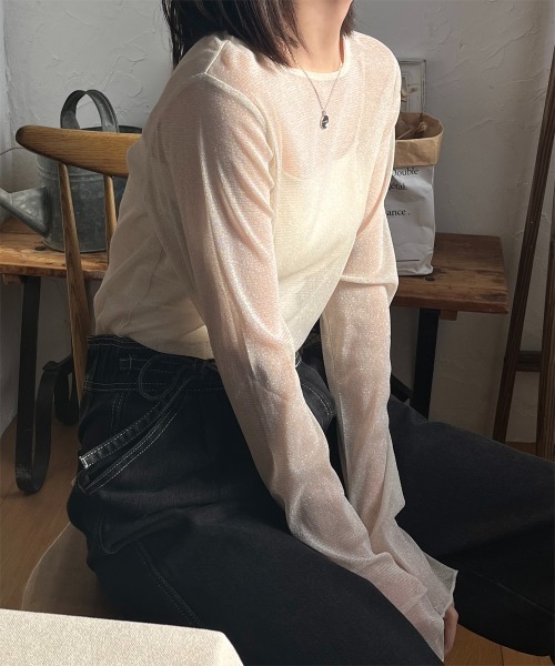 Rejoule(リジュール)の「フィンガーホールラメシアートップス(Tシャツ/カットソー・レディース・モカ/ブラック/グレー/ピンク/アイボリー/チャコールグレー/ブラウン/ボルドー・FREE)」の22枚目の写真