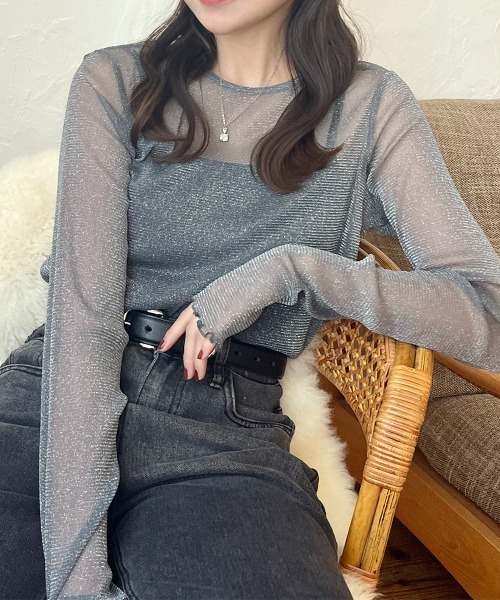 Rejoule（リジュール）の「フィンガーホールラメシアートップス（Tシャツ/カットソー・レディース・モカ/ブラック/グレー/ピンク/アイボリー/チャコールグレー/ブラウン/ボルドー・FREE）」の9枚目の写真