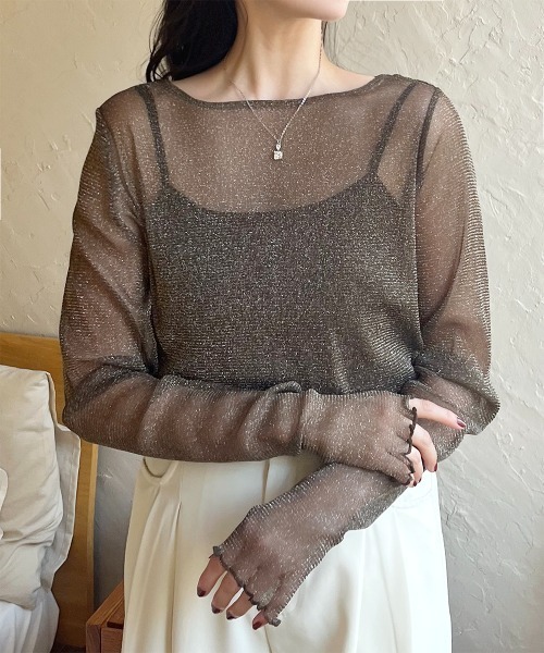 Rejoule（リジュール）の「フィンガーホールラメシアートップス（Tシャツ/カットソー・レディース・モカ/ブラック/グレー/ピンク/アイボリー/チャコールグレー/ブラウン/ボルドー・FREE）」の12枚目の写真