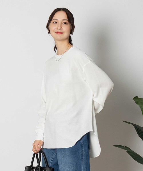 Healthknit(ヘルスニット)の「【Healthknit】ワッフル長袖ラウンドヘムTシャツ(Tシャツ/カットソー・レディース・ホワイト/ブラック/ホワイト×レッド/ホワイト×ブラック・S/M/L)」の1枚目の写真
