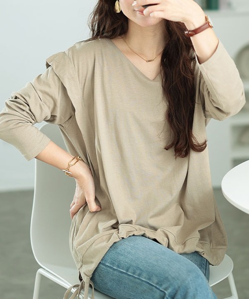 GOLDJAPAN(ゴールドジャパン)の「肩タック裾ドロストコットンカットソー【大きいサイズ対応】(Tシャツ/カットソー・レディース・ベージュ系/ブラック/カーキ/オフホワイト/チャコールグレー・LL~3L/4L~5L)」の2枚目の写真