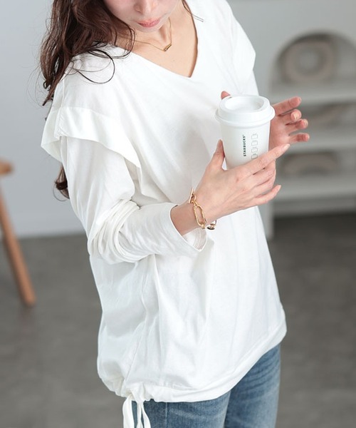 GOLDJAPAN(ゴールドジャパン)の「肩タック裾ドロストコットンカットソー【大きいサイズ対応】(Tシャツ/カットソー・レディース・ベージュ系/ブラック/カーキ/オフホワイト/チャコールグレー・LL~3L/4L~5L)」の3枚目の写真