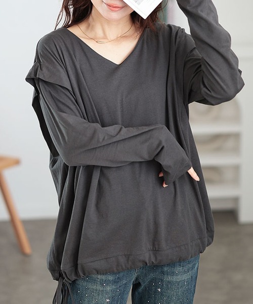 GOLDJAPAN(ゴールドジャパン)の「肩タック裾ドロストコットンカットソー【大きいサイズ対応】(Tシャツ/カットソー・レディース・ベージュ系/ブラック/カーキ/オフホワイト/チャコールグレー・LL~3L/4L~5L)」の1枚目の写真