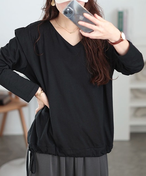 GOLDJAPAN(ゴールドジャパン)の「肩タック裾ドロストコットンカットソー【大きいサイズ対応】(Tシャツ/カットソー・レディース・ベージュ系/ブラック/カーキ/オフホワイト/チャコールグレー・LL~3L/4L~5L)」の4枚目の写真