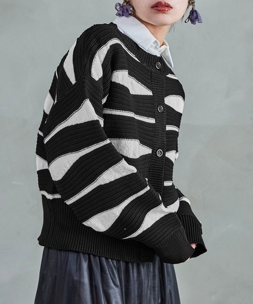 セール】なみなみ柄バルーンスリーブ ニットカーディガン