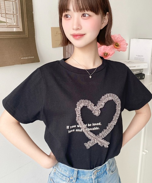 セール】チュールハート刺繍半袖Tシャツ（Tシャツ/カットソー