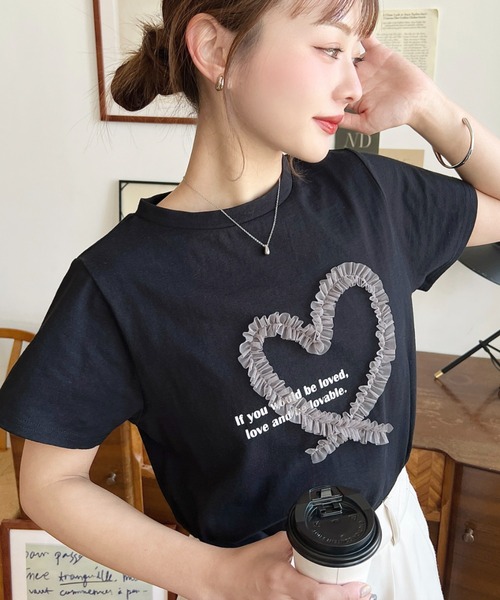 セール】チュールハート刺繍半袖Tシャツ（Tシャツ/カットソー