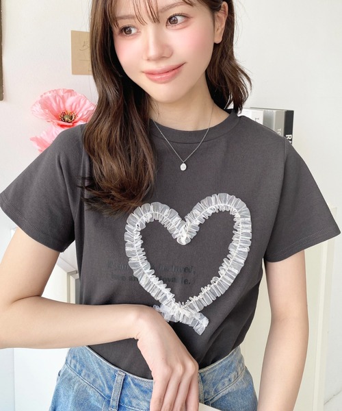 セール】チュールハート刺繍半袖Tシャツ（Tシャツ/カットソー