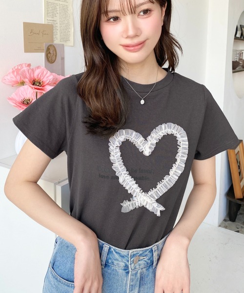 セール】チュールハート刺繍半袖Tシャツ（Tシャツ/カットソー