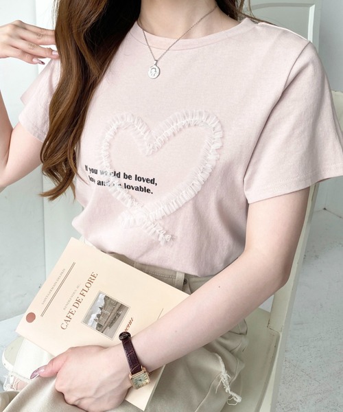 セール】チュールハート刺繍半袖Tシャツ（Tシャツ/カットソー