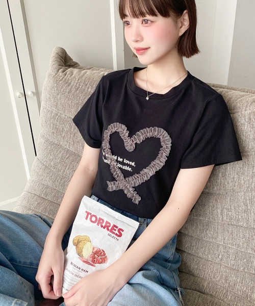 セール】チュールハート刺繍半袖Tシャツ（Tシャツ/カットソー
