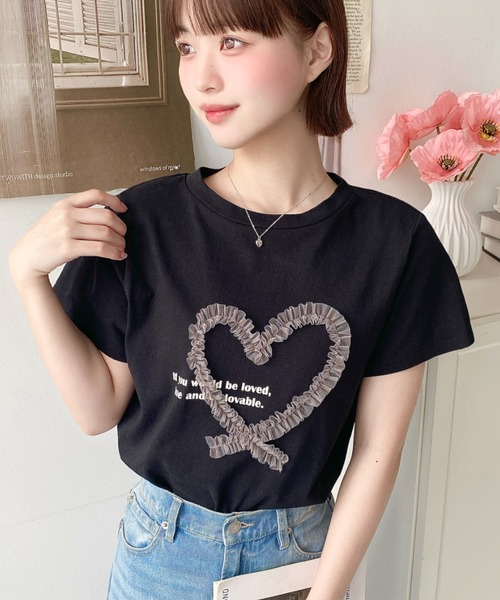 セール】チュールハート刺繍半袖Tシャツ（Tシャツ/カットソー