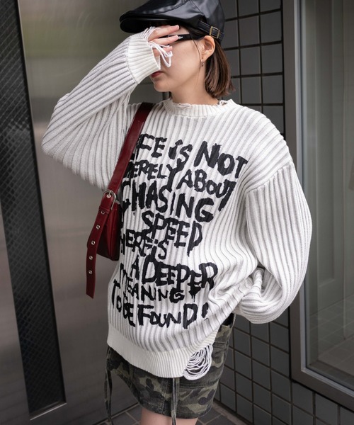 WEGO(ウィゴー)の「WEGO/クラッシュリブBIGニットプルオーバー(ニット/セーター・レディース・オフホワイト/スミクロ・FREE)」の5枚目の写真