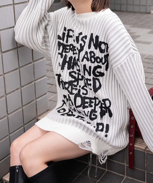 WEGO(ウィゴー)の「WEGO/クラッシュリブBIGニットプルオーバー(ニット/セーター・レディース・オフホワイト/スミクロ・FREE)」の6枚目の写真