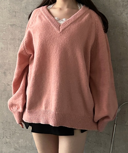 Teem Store(チームストア)の「【新色追加】Vネックニットシンプル無地トップス【新仕様】【サイズ改良】(ニット/セーター・レディース・ピンク/レッド/アイボリー/ブラック/グレー・F)」の13枚目の写真