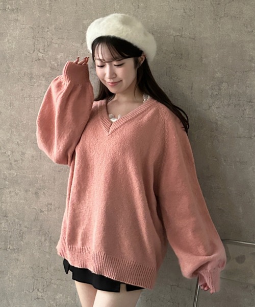 Teem Store(チームストア)の「【新色追加】Vネックニットシンプル無地トップス【新仕様】【サイズ改良】(ニット/セーター・レディース・ピンク/レッド/アイボリー/ブラック/グレー・F)」の18枚目の写真