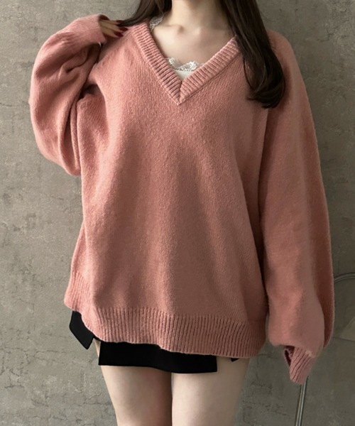 Teem Store(チームストア)の「【新色追加】Vネックニットシンプル無地トップス【新仕様】【サイズ改良】(ニット/セーター・レディース・ピンク/レッド/アイボリー/ブラック/グレー・F)」の12枚目の写真