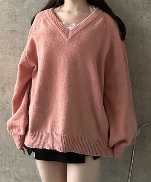Teem Store(チームストア)の「【新色追加】Vネックニットシンプル無地トップス【新仕様】【サイズ改良】(ニット/セーター・レディース・ピンク/レッド/アイボリー/ブラック/グレー・F)」の11枚目の写真