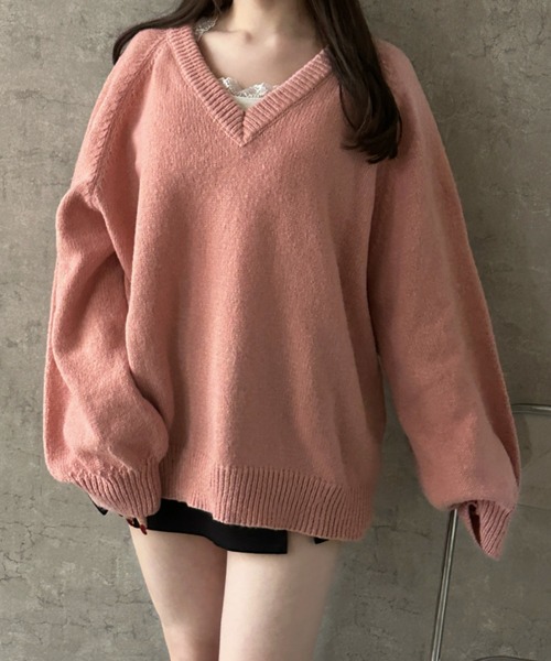 Teem Store(チームストア)の「【新色追加】Vネックニットシンプル無地トップス【新仕様】【サイズ改良】(ニット/セーター・レディース・ピンク/レッド/アイボリー/ブラック/グレー・F)」の10枚目の写真