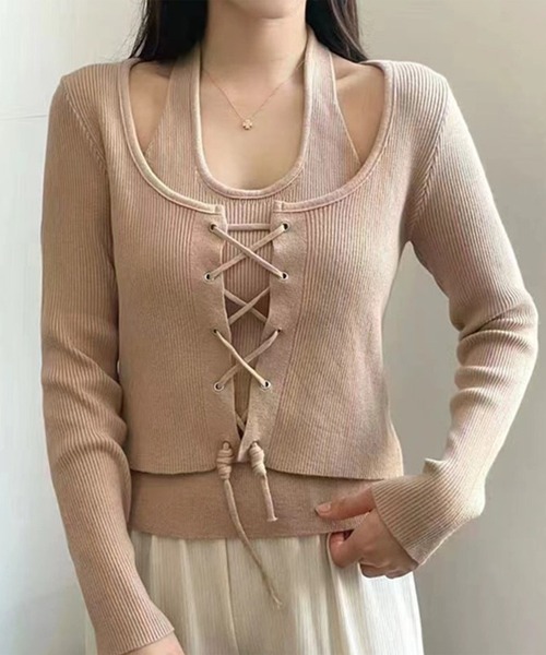 Lace Ladies(レースレディース)の「ホルター ドッキング レースアップ リブ トップス(Tシャツ/カットソー・レディース・グレー/ベージュ/ブラック・FREE)」の3枚目の写真