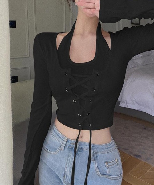 Lace Ladies(レースレディース)の「ホルター ドッキング レースアップ リブ トップス(Tシャツ/カットソー・レディース・グレー/ベージュ/ブラック・FREE)」の6枚目の写真