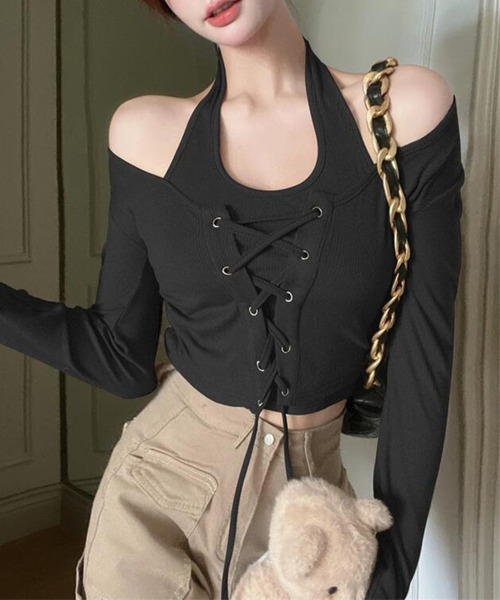 Lace Ladies(レースレディース)の「ホルター ドッキング レースアップ リブ トップス(Tシャツ/カットソー・レディース・グレー/ベージュ/ブラック・FREE)」の8枚目の写真