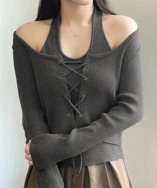 Lace Ladies(レースレディース)の「ホルター ドッキング レースアップ リブ トップス(Tシャツ/カットソー・レディース・グレー/ベージュ/ブラック・FREE)」の9枚目の写真