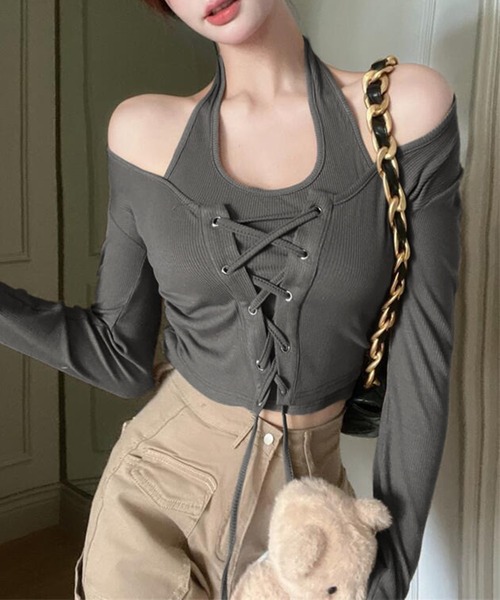 Lace Ladies(レースレディース)の「ホルター ドッキング レースアップ リブ トップス(Tシャツ/カットソー・レディース・グレー/ベージュ/ブラック・FREE)」の12枚目の写真