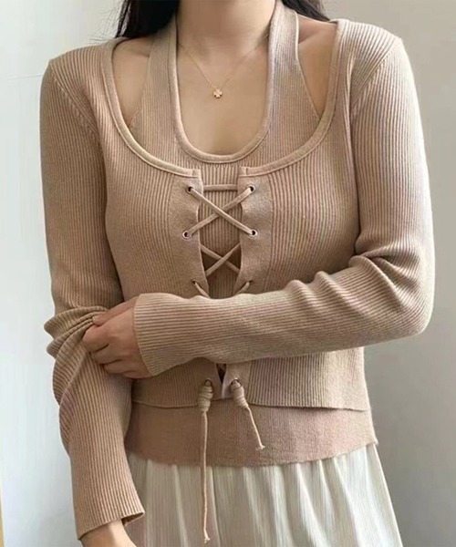 Lace Ladies(レースレディース)の「ホルター ドッキング レースアップ リブ トップス(Tシャツ/カットソー・レディース・グレー/ベージュ/ブラック・FREE)」の14枚目の写真
