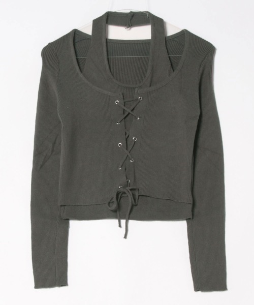 Lace Ladies(レースレディース)の「ホルター ドッキング レースアップ リブ トップス(Tシャツ/カットソー・レディース・グレー/ベージュ/ブラック・FREE)」の17枚目の写真