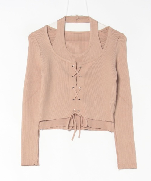 Lace Ladies(レースレディース)の「ホルター ドッキング レースアップ リブ トップス(Tシャツ/カットソー・レディース・グレー/ベージュ/ブラック・FREE)」の18枚目の写真