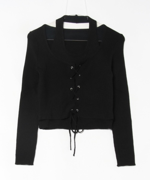 Lace Ladies(レースレディース)の「ホルター ドッキング レースアップ リブ トップス(Tシャツ/カットソー・レディース・グレー/ベージュ/ブラック・FREE)」の15枚目の写真