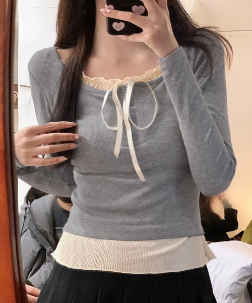 WESTSEA(ウエストシー)の「レイヤード風 フリル リボン リブトップス(Tシャツ/カットソー・レディース・ブラック/グレー/ホワイト・M/L)」の12枚目の写真