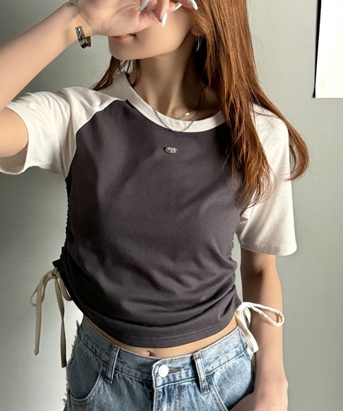 mily bilet(ミウィビレット)の「【mily bilet】サイドの絞りが可愛いさプラス。プレート使いラグランTシャツ(半袖)(Tシャツ/カットソー・レディース・オフホワイト/杢グレー/チャコールグレー/アイボリー・X-LARGE/SMALL/MEDIUM/LARGE)」の13枚目の写真