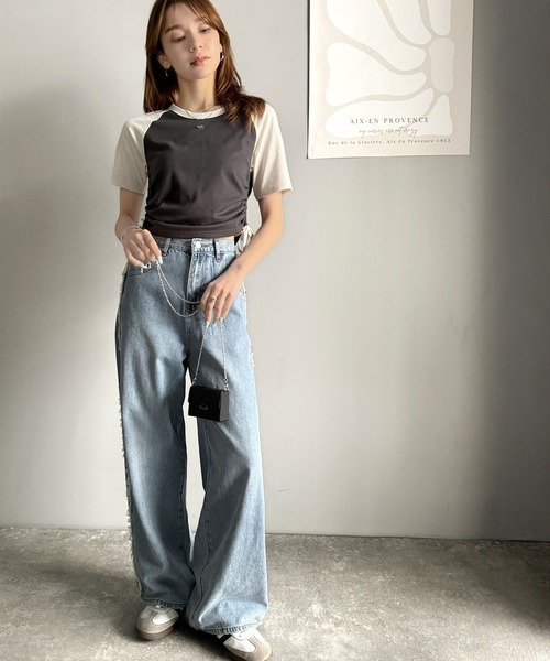 mily bilet(ミウィビレット)の「【mily bilet】サイドの絞りが可愛いさプラス。プレート使いラグランTシャツ(半袖)(Tシャツ/カットソー・レディース・オフホワイト/杢グレー/チャコールグレー/アイボリー・X-LARGE/SMALL/MEDIUM/LARGE)」の15枚目の写真