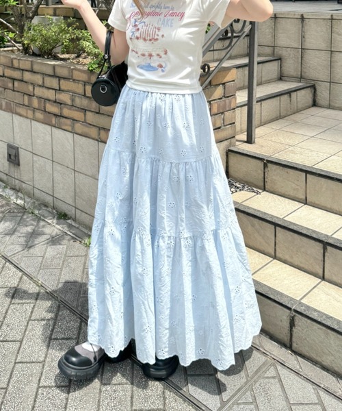 セール】フラワー刺繍コットンレースティアードスカート（スカート